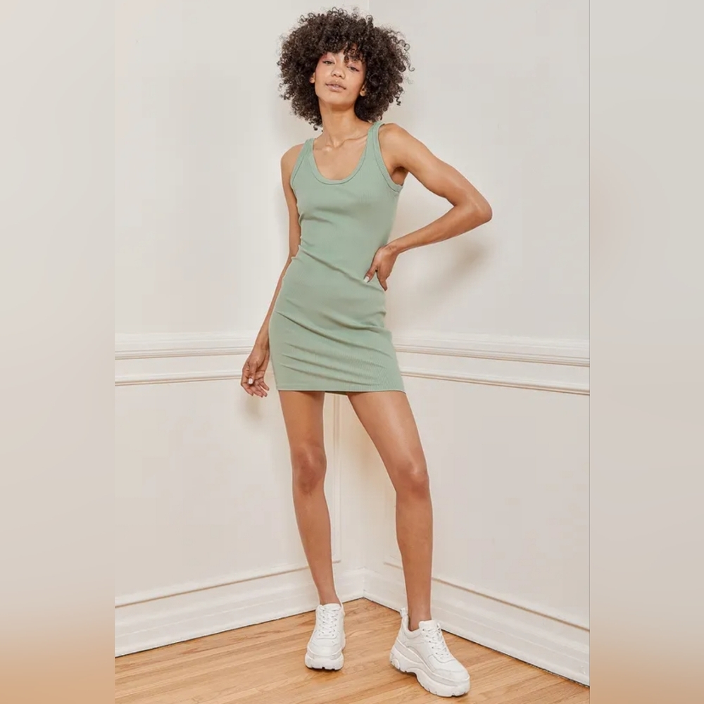 NEW Lulu's Happy Hearts Sage Green Ribbed Bodycon Mini Dress size Large
